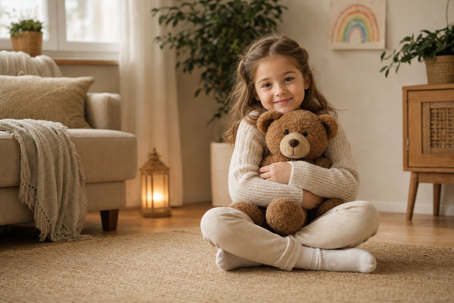 Meisje dat in een warme, rustige kamer een teddybeer vasthoudt